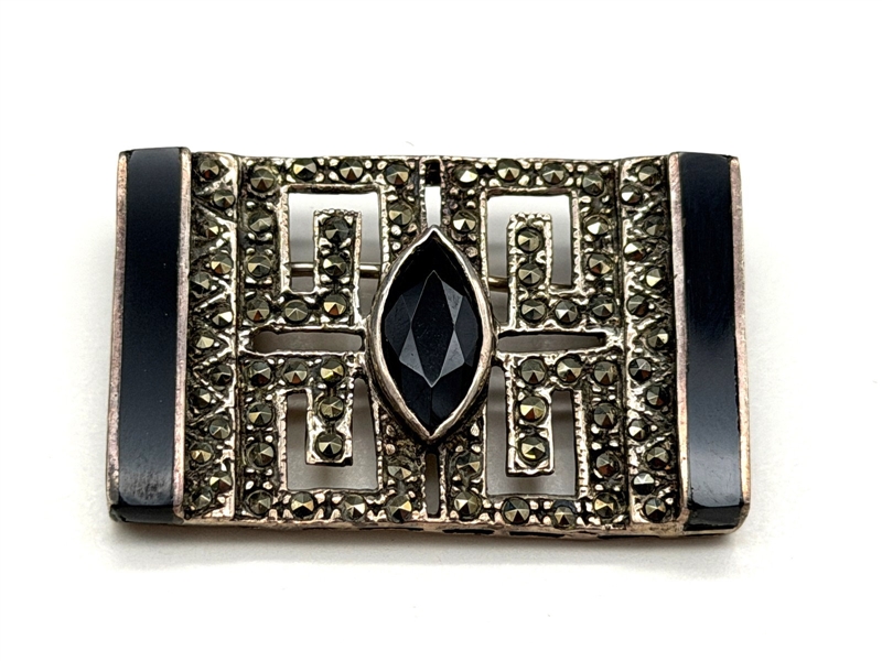Albert David Signed Sterling Silver Onyx and Marcasite Brooch