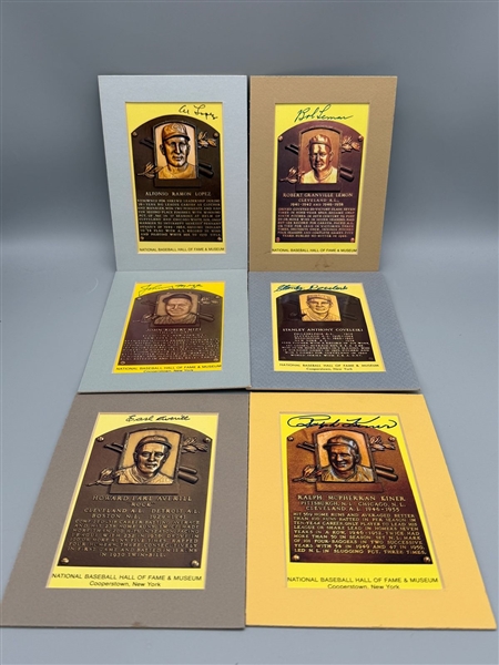 (6) Autographed Hall Of Fame Induction Postcards: Lopez, Lemon, Mize, Coveleski, Kiner, Averill
