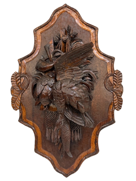 Swiss/German Black Forest Hand Carved "Fruits of the Hunt" Wall Plaque