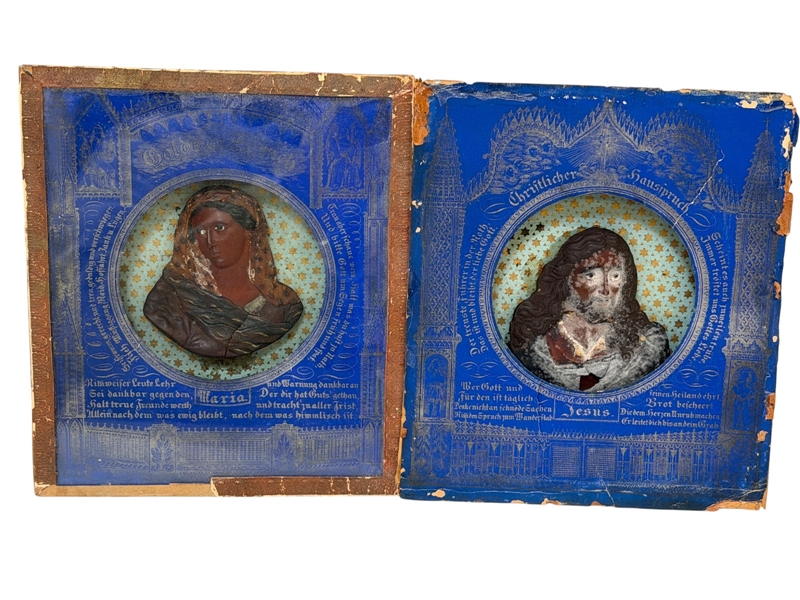 Pair Wax Bust Mary/Jesus Framed Sets