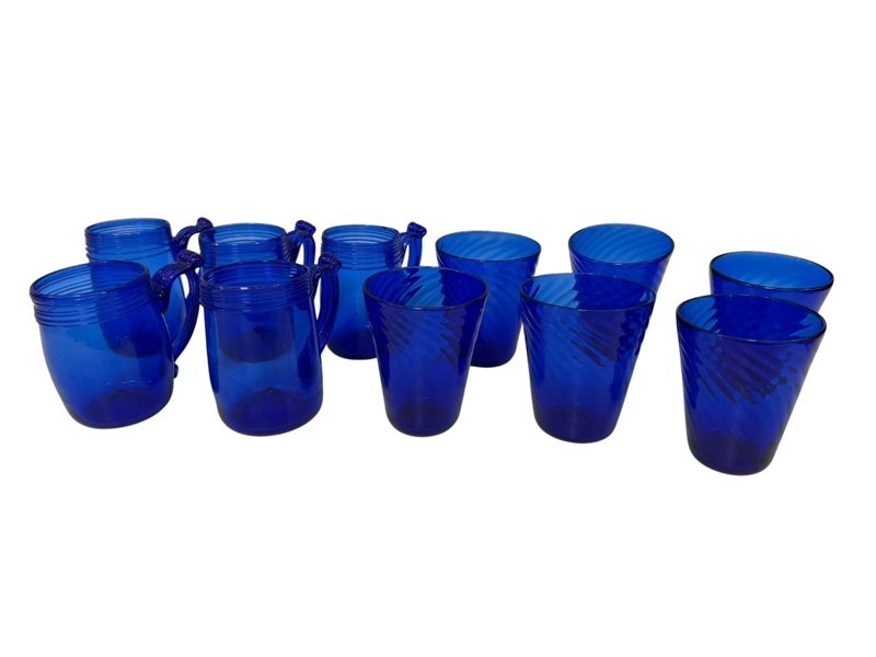 (11) Signed Hand Blown Cobalt Drinking Set 