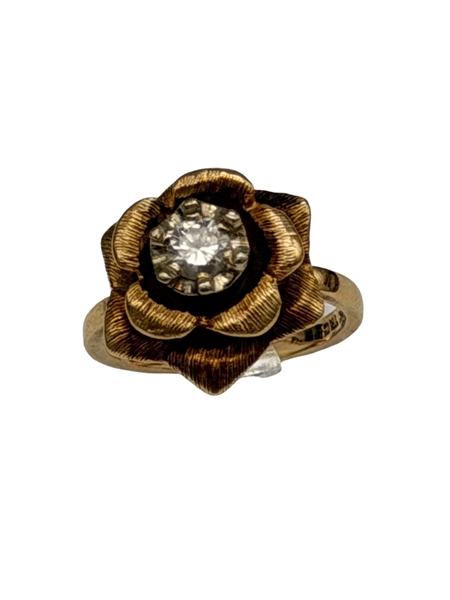 14k Gold Ring with Solitaire Diamond in High Flower Setting