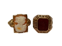 (2) 10k Gold Rings Cameo and Carnelian Intaglio Stone