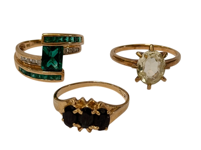 (3) 10k Gold Rings with Emeralds, Hiddenite, Black Onyx