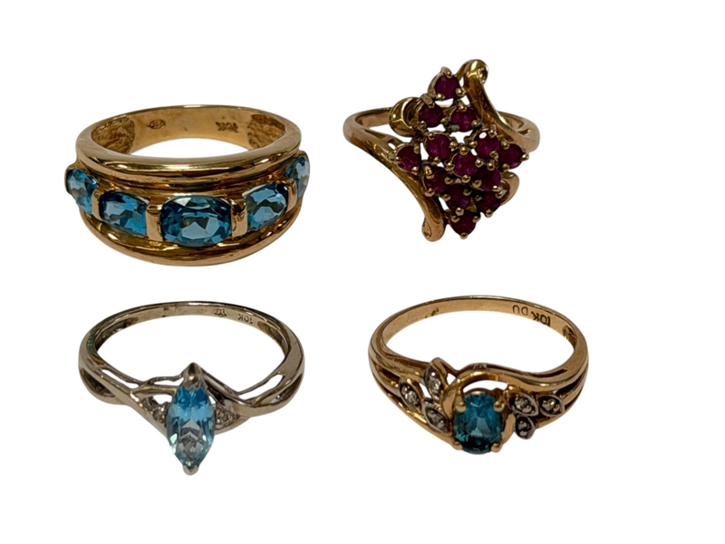 (4) 10k Gold Rings with Rubies, Aquamarine, and Topaz