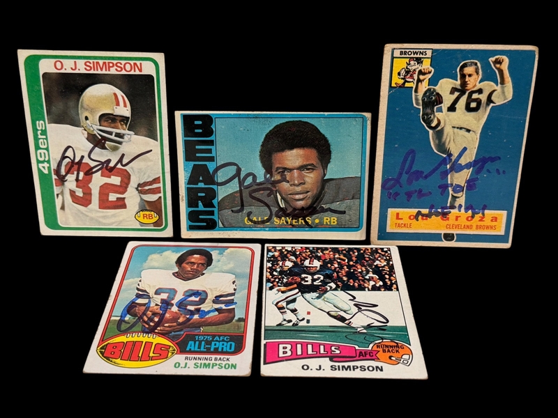 (5) Autographed Football Cards; Lou Groza, Gale Sayers, O.J. Simpson