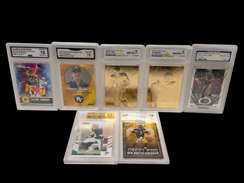 (7) Graded Football Cards: Aaron Rodgers Rookie, Smith, Marino, Marino, Roethlisberger