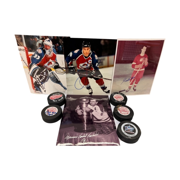 Group of Signed Hockey Color Photos and Hockey Pucks Including (2) Gordie Howe