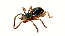 14k Gold Spider Brooch with Diamonds, Opal & Emerald Cabochon Stones