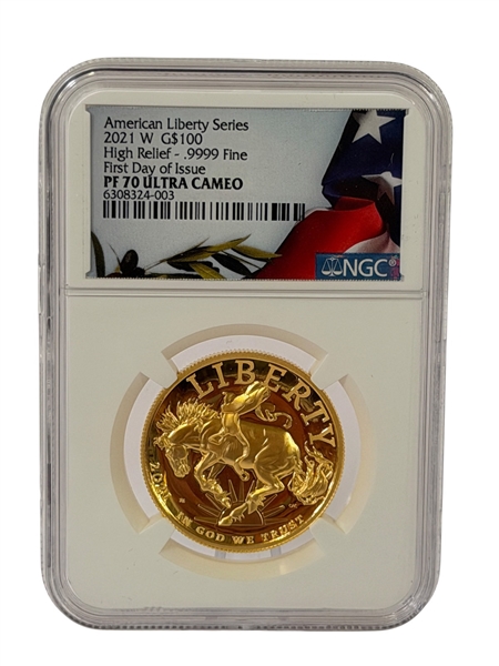 2021-W Gold 1 Ounce $100 American Liberty Series FDI High Relief .999 Fine PF70 Ultra Cameo