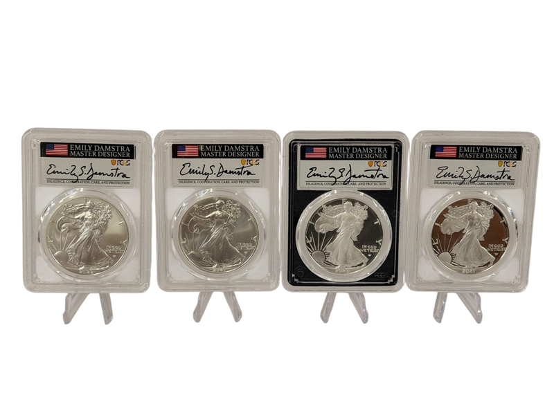 (4) American Eagles PCGS Signed by Master Designer Emily Damstra; MS70, PR70