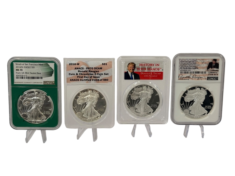 (4) American Eagles 2016, 2018, 2019 PF70, PR70, MS70 PCGS, NGC, ANACS