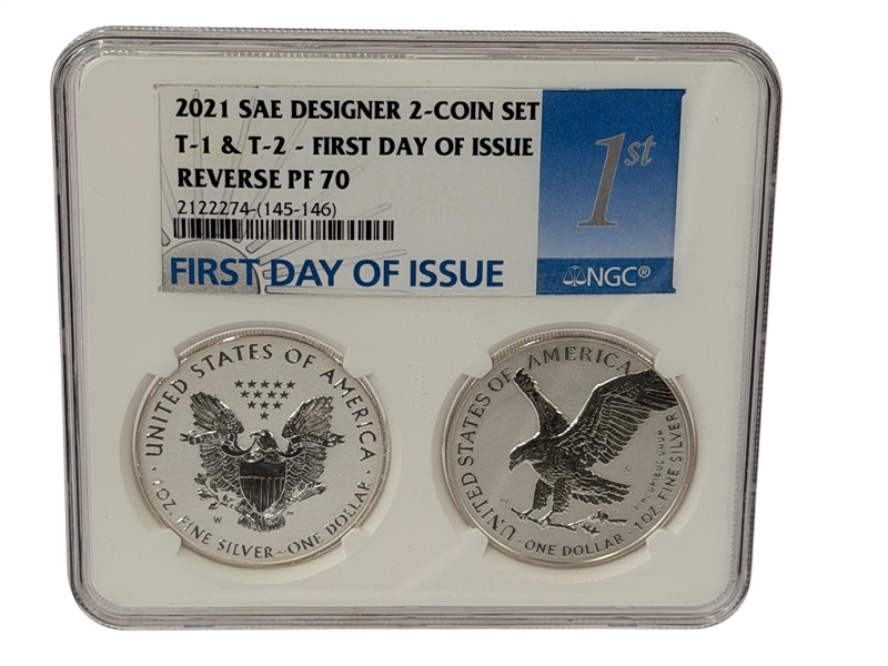 2021 SAE Designer 2 Coin American Eagle Set T-1, T-2 FDI Reverse PF70 NGC