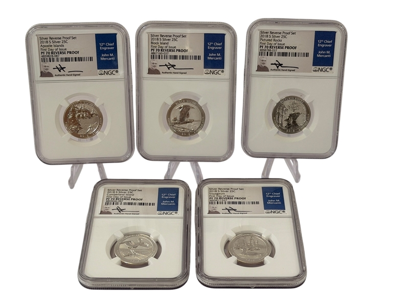 (5) Graded Quarters Silver Reverse Proof Set FDI PF70 Reverse Proof Signed John Mercanti NGC