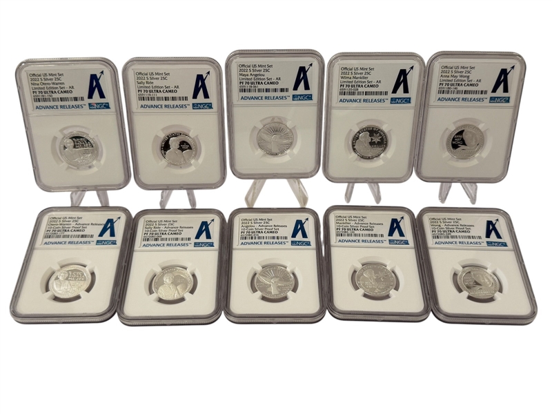 (10) Graded Quarters 2022-S 10-Coin Silver Proof Set Advance Releases PF70 Ultra Cameo NGC