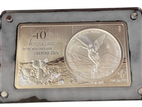 40th Anniversary Mexican Silver Libertad Coin and Bar. 3 Ounces .999 Silver Reverse Proof Original Box and COA