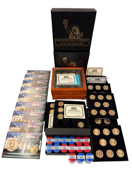 Large Group of Presidential Dollars Including OGP Rolls MS63 or Better, Satin Finish, Reverse Proofs.