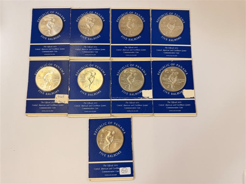 (9) Republic of Panama 5 Balboa Sterling Silver Coins Official 1970 Central America and Caribbean Games OGP
