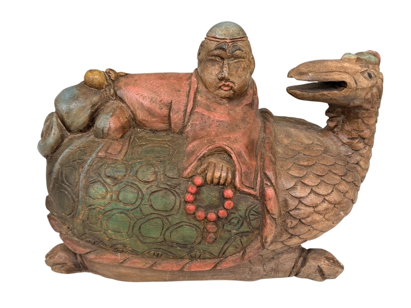 Polychrome Carved Sculpture Budai or Daoist Immortal Atop Mythical Birds Export Piece