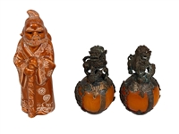 Pair Tibetan Silver Feng Shui Foo Dogs and Porcelain Snuff Bottle
