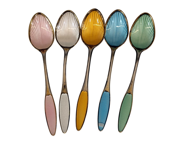 (5) Frigast Denmark Sterling and Guilloche Enamel Demitasse Spoons