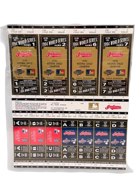 Set of Commemorative 1994 World Series Tickets in Uncut Sheet; Games 1,2,6,7