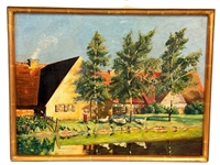 Oil on Canvas Girls with Geese Matted and Framed