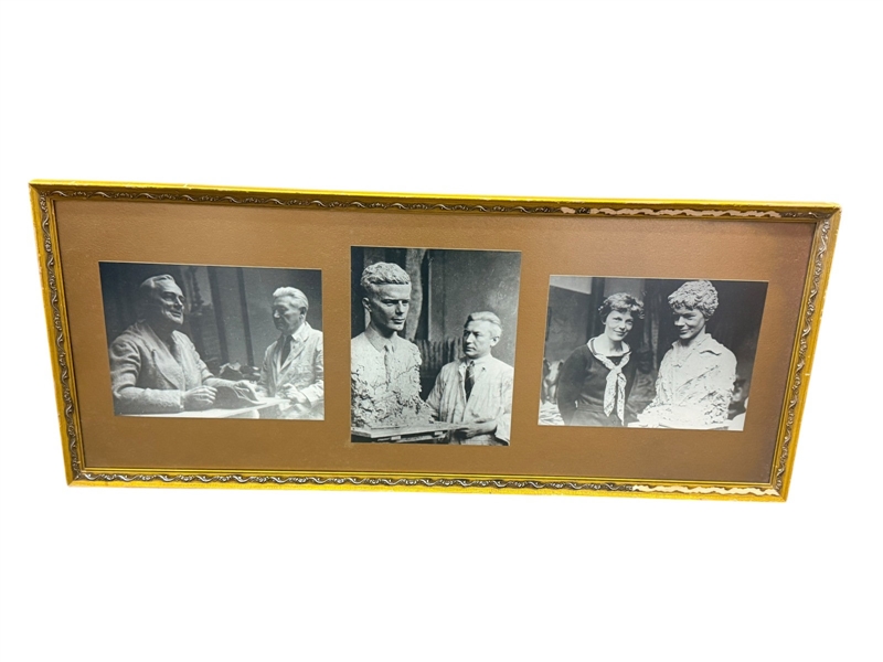 (3) Black and White Photographs George Conlon with FDR, Amelia Earhart, Lindbergh Sculptures