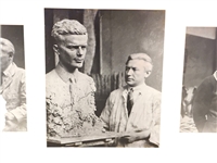 (3) Black and White Photographs George Conlon with FDR, Amelia Earhart, Lindbergh Sculptures