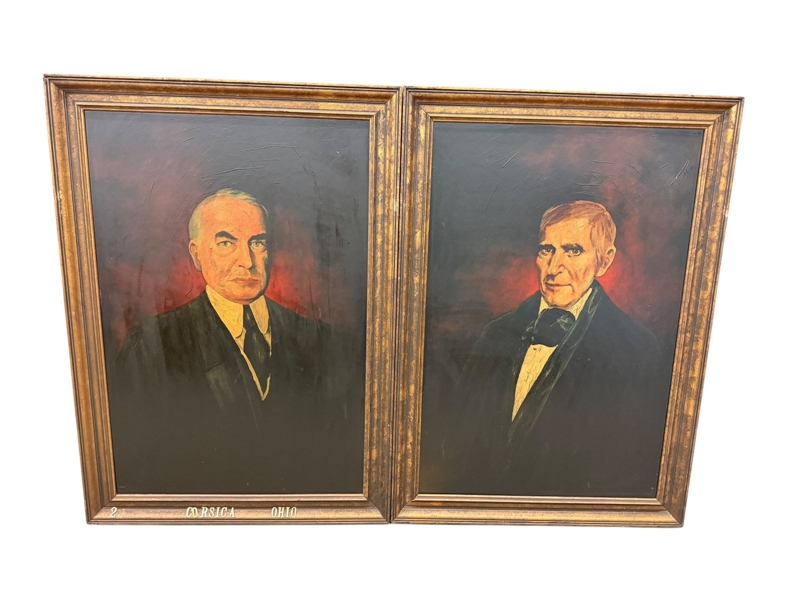 Pair Presidential Portraits Framed Warren Harding, W.H. Harrison