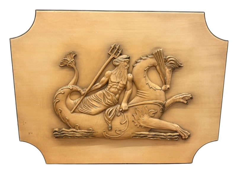 Art Deco Wooden Relief Sculpture of Poseidon Riding Hippocampus with Trident