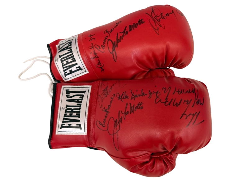(2) Multi Autographed Red Everlast Boxing Glove by LaMotta, Basilio, Comacho, Frazier, Spinks, Cooney