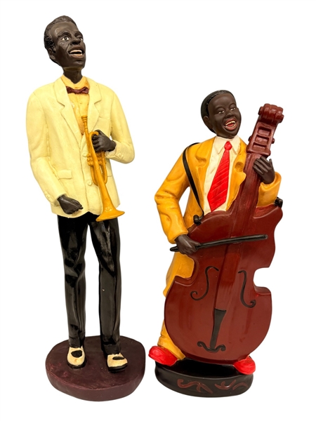 (2) Jazz Sculptures: Ceramic Bass Player, Composite Trumpet Player
