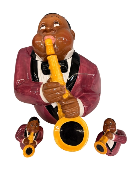 Clay Art Jazz Player Cookie Jar and Matching Salt and Pepper Shakers