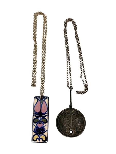 Astrid Fyrbo Denmark Enamel Pottery Necklace, Jorma Laine Sterling Finland Face Mask Pendant