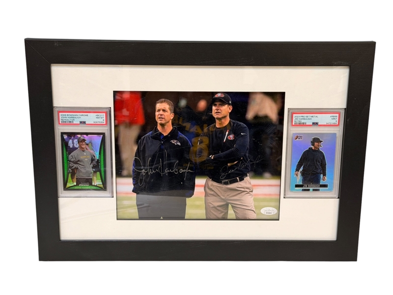 Jim and John Harbaugh Signed 8x10", Framed with 2 PSA Graded Cards JSA Certificate