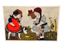 Helene Klaunzer "4 Girls and Dog in Field With Flowers" 1914 Lithograph