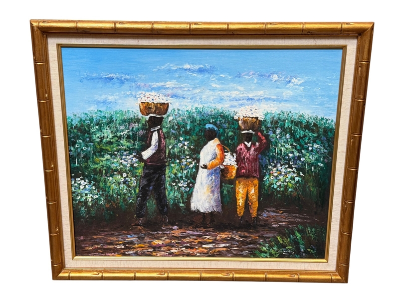 Original Oil on Canvas Signed Haitian Artist Lewis "Harvesting in Field"