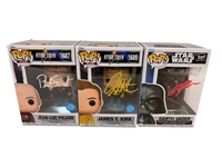 (3) Autographed Funko Pops Star Trek and Star Wars; Patrick Stewart, William Shatner, Hayden Christensen