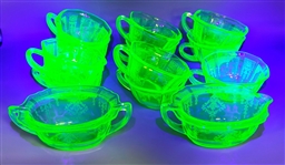 Anchor Hocking Uranium Glass (11) Coffee Tea Cups & Creamer Sugar