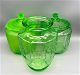 Group Anchor Hocking Uranium Glass Canisters & Vase Princess Green Pattern