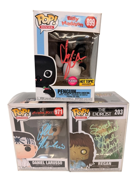 (3) Autographed Funko Pops; Cobra Kai Daniel Laruso, Billy Madison, The Exorcist Linda Blair