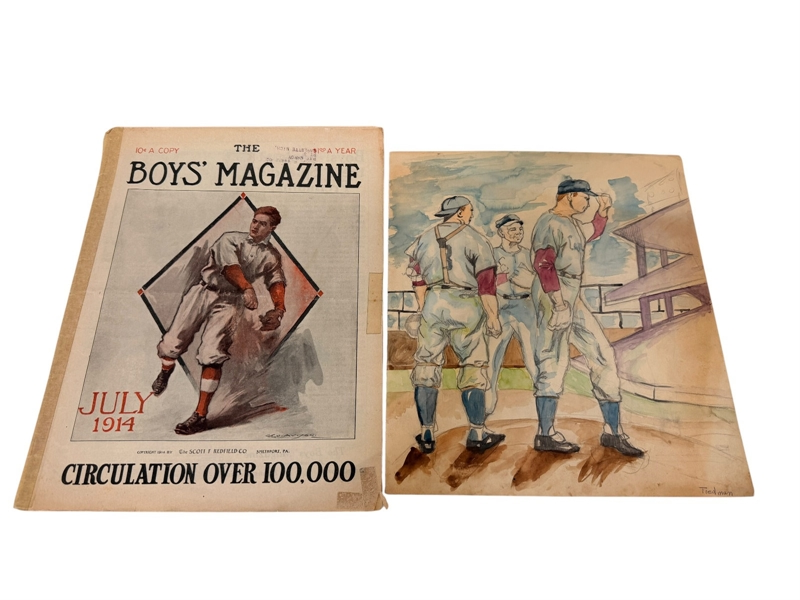 1914 Boys Magazines Featuring Baseball Player, Watercolor by Tedman Coach and Pitcher