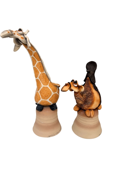 Pair of Todd J. Warner Whimsical Stoneware Bell Sculptures; Camel, Giraffe