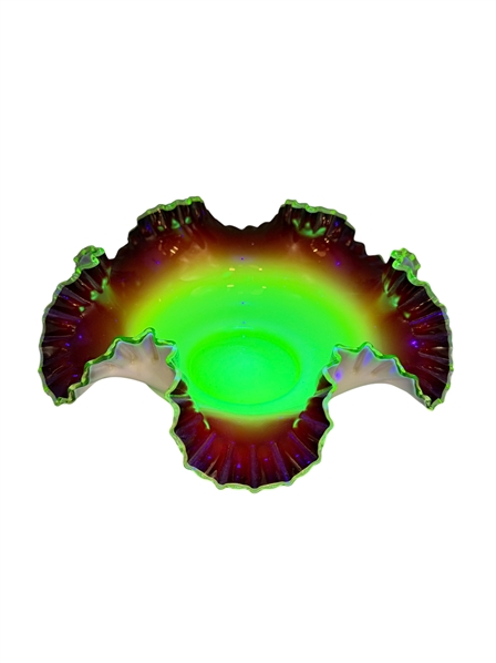Ruffled Art Glass Uranium Red to Cream Dish