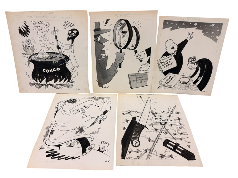(5) Jim Ivey Original Political Cartoon Art 1960s; San Francisco Examiner