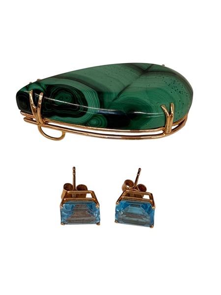 Stunning Malachite Tear Drop Cabochon Pendant Set in 14k Gold Basket & Pair 14k Gold Earrings with Blue Stones