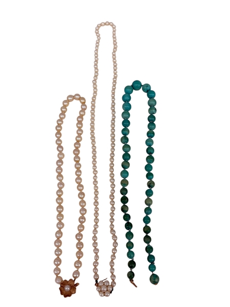 (2) Pearl Necklaces, (1) Turquoise Bead Necklace, All 14k Gold Clasps